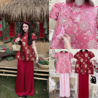 SEP House - Set bộ gấm hoa cổ tàu tay bồng dáng xoè bồng kèm quần suông dài lưng chun đỏ hồng tiểu thư - Hàng loại 1