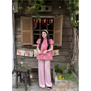 SEP House - Set bộ gấm hoa cổ tàu tay bồng dáng xoè bồng kèm quần suông dài lưng chun đỏ hồng tiểu thư - Hàng loại 1