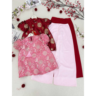 SEP House - Set bộ gấm hoa cổ tàu tay bồng dáng xoè bồng kèm quần suông dài lưng chun đỏ hồng tiểu thư - Hàng loại 1