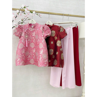 SEP House - Set bộ gấm hoa cổ tàu tay bồng dáng xoè bồng kèm quần suông dài lưng chun đỏ hồng tiểu thư - Hàng loại 1