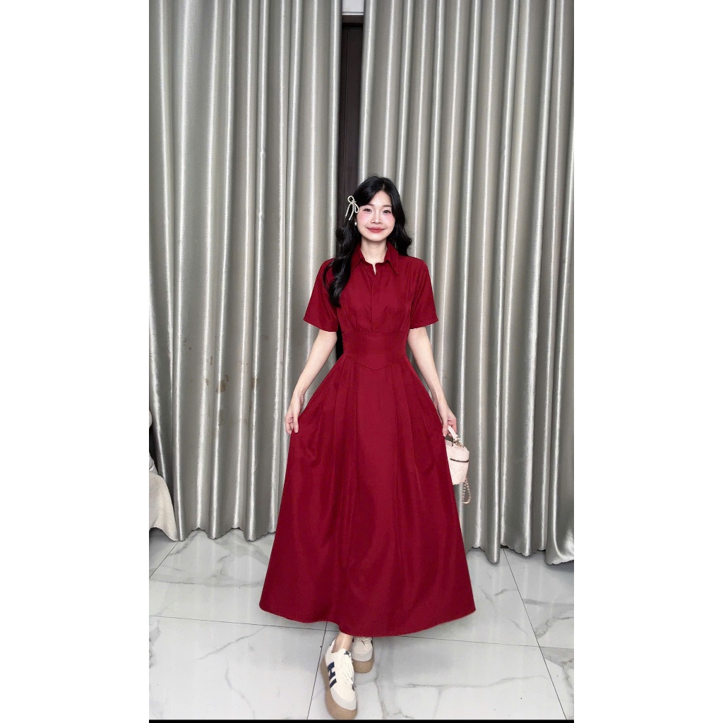 [Đ.23-D] Đầm Sơmi Cổ V Tay Ngắn Chéo Hàn Dáng Dài Women Top Dress (Bo Chun Lưng - Có Túi) | Tũm Clothing | BigBuy360 - bigbuy360.vn