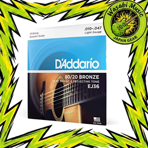 【Japan Quality】D'Addario Acoustic Guitar Strings, 80/20 Bronze Light, 12-String, .010-.047, EJ36 (Official Japanese Product)