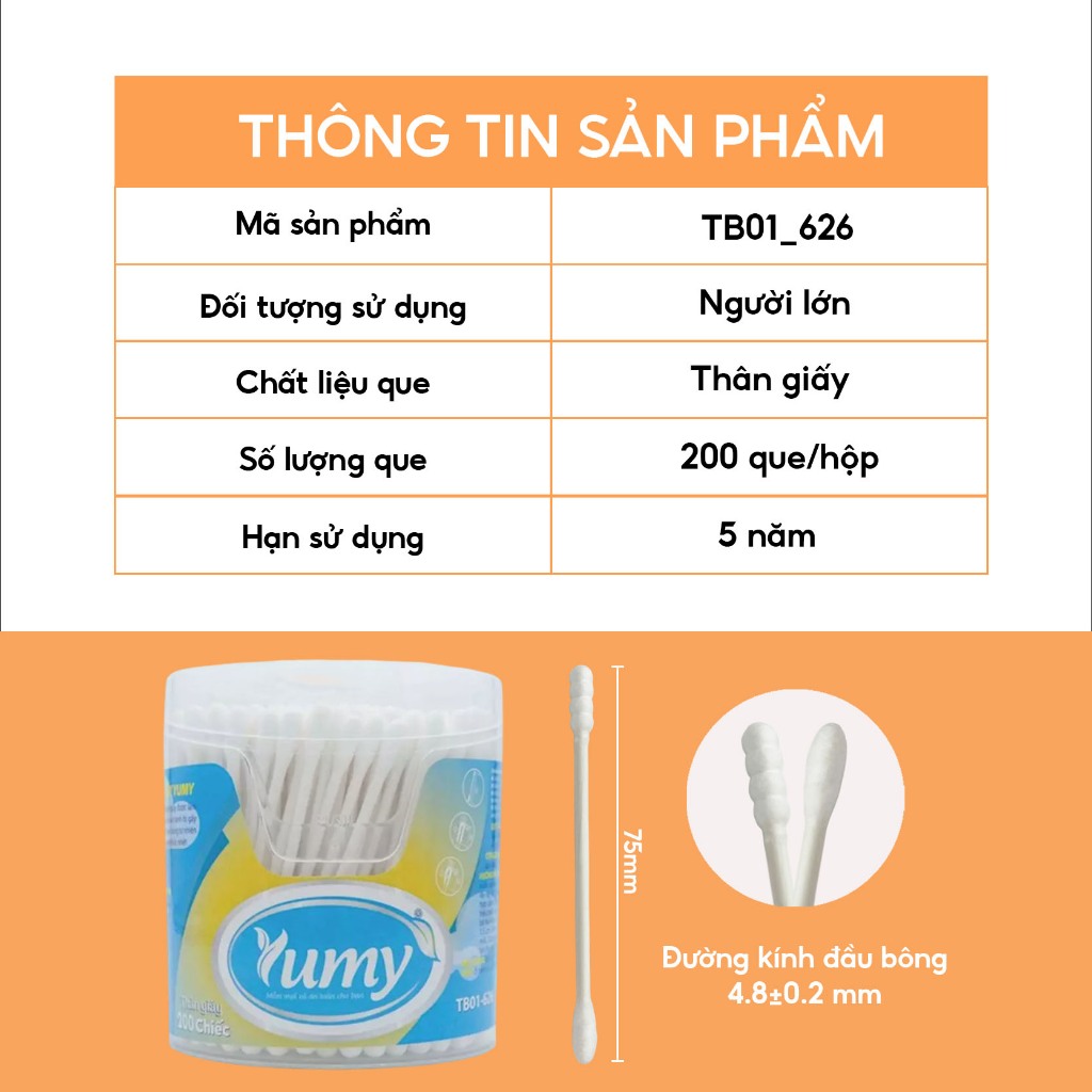 Combo 10 hộp Bông ngoáy tai YUMY 200 que thân giấy bông mềm an toàn thân thiện môi trường (TB01-626)