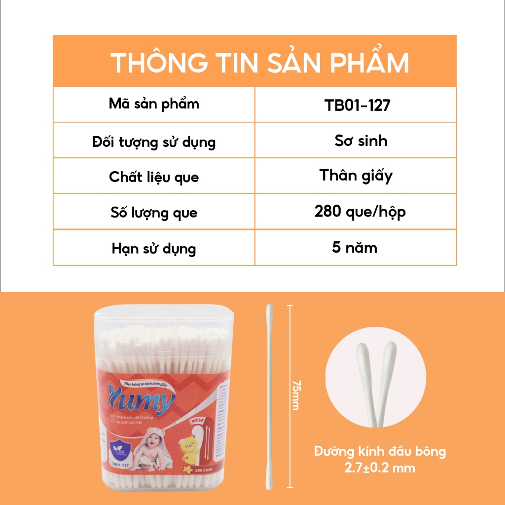 Combo 10 hộp Tăm bông cho trẻ sơ sinh YUMY Newborn 280 que bông mềm mịn, an toàn cho bé (TB01-127)