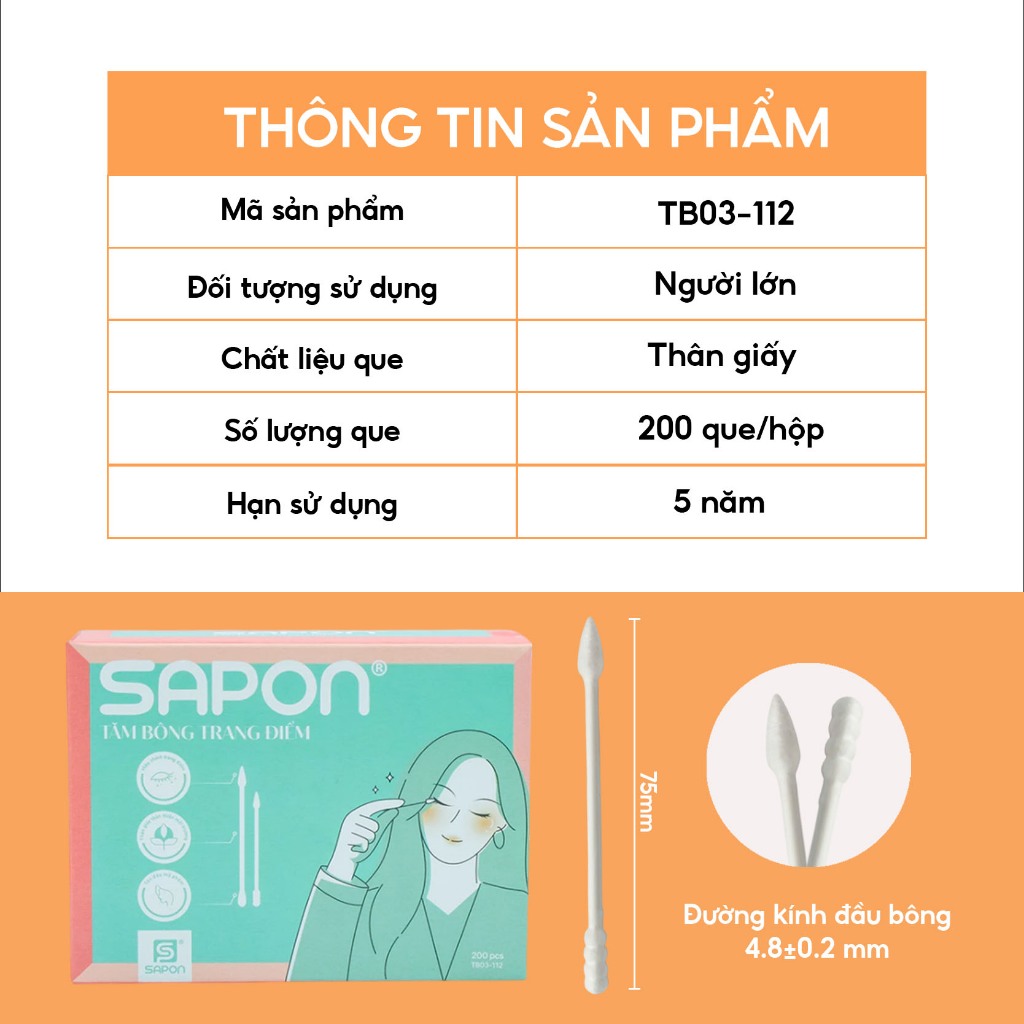 Combo 10 hộp Tăm bông trang điểm SAPON 200 que thân giấy 2 đầu nhọn xoắn đa năng tiện dụng(TB03-112)