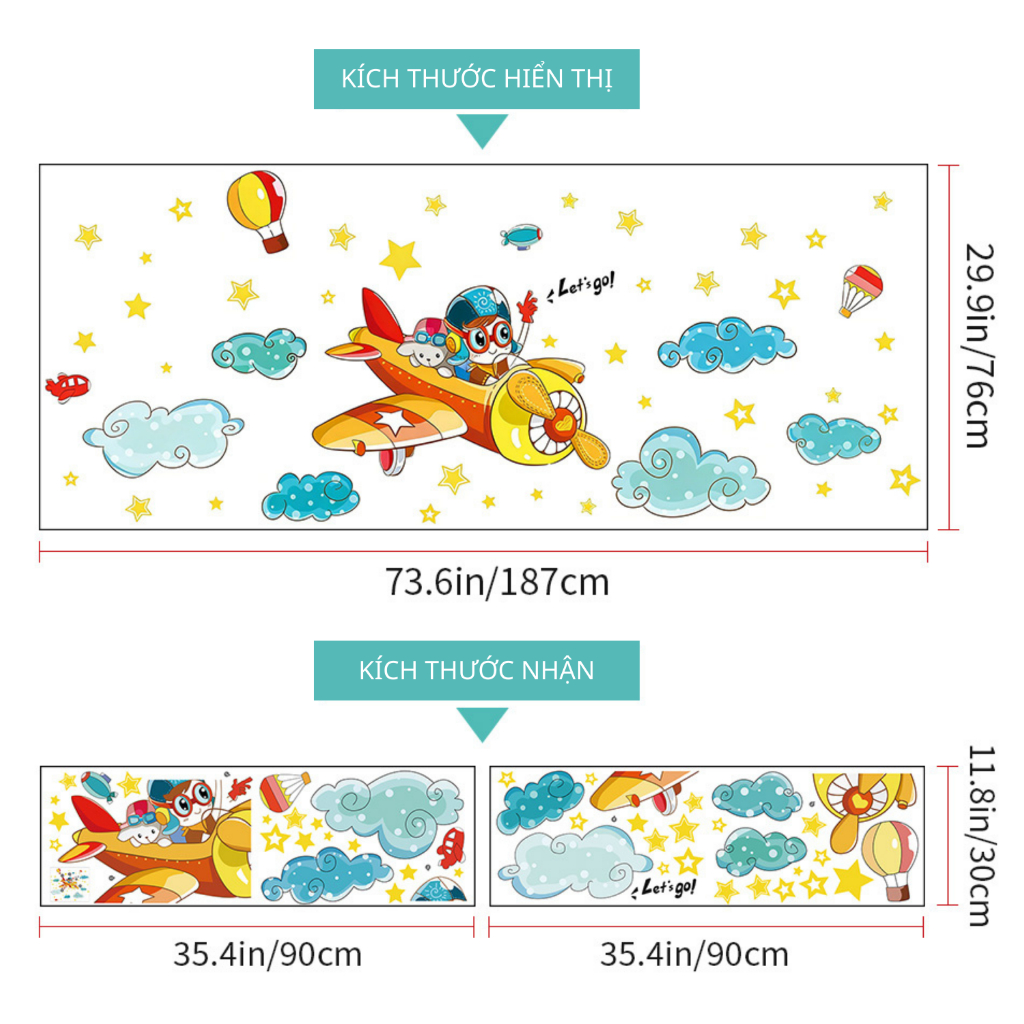 Decal Dán Tường Bé Lái Máy Bay Có Keo Sẵn 187x76cm - Trang Trí Phòng Ngủ Góc Học Tập