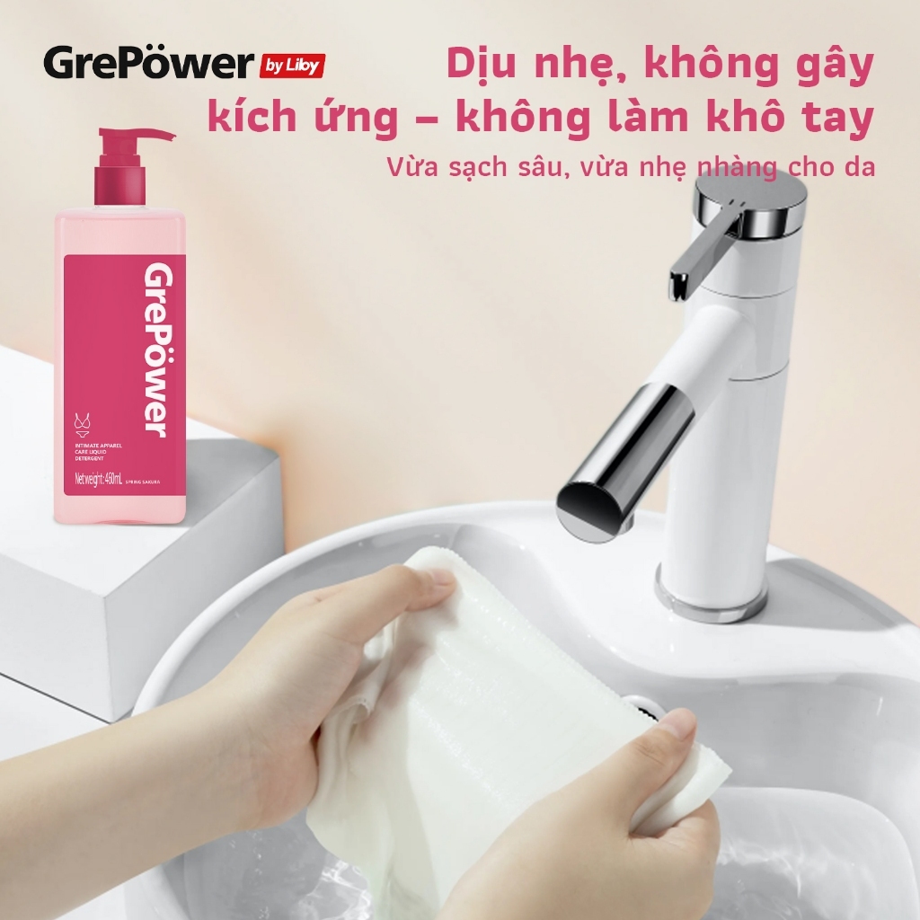 Nước giặt dành cho đồ lót GrePower 180ml/460ml - Công thức dịu nhẹ,  diệt khuẩn tới 99.9%,phù hợp da nhạy cảm