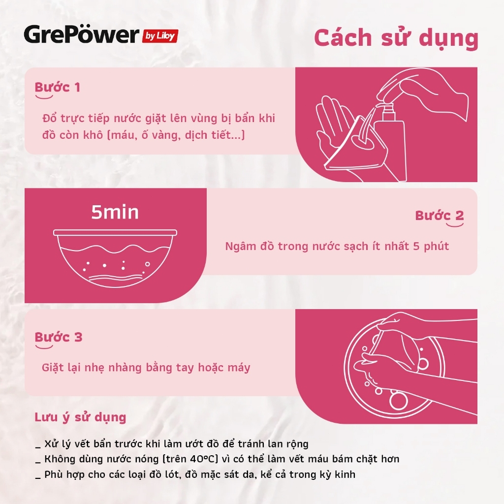 Nước giặt dành cho đồ lót GrePower 180ml/460ml - Công thức dịu nhẹ,  diệt khuẩn tới 99.9%,phù hợp da nhạy cảm