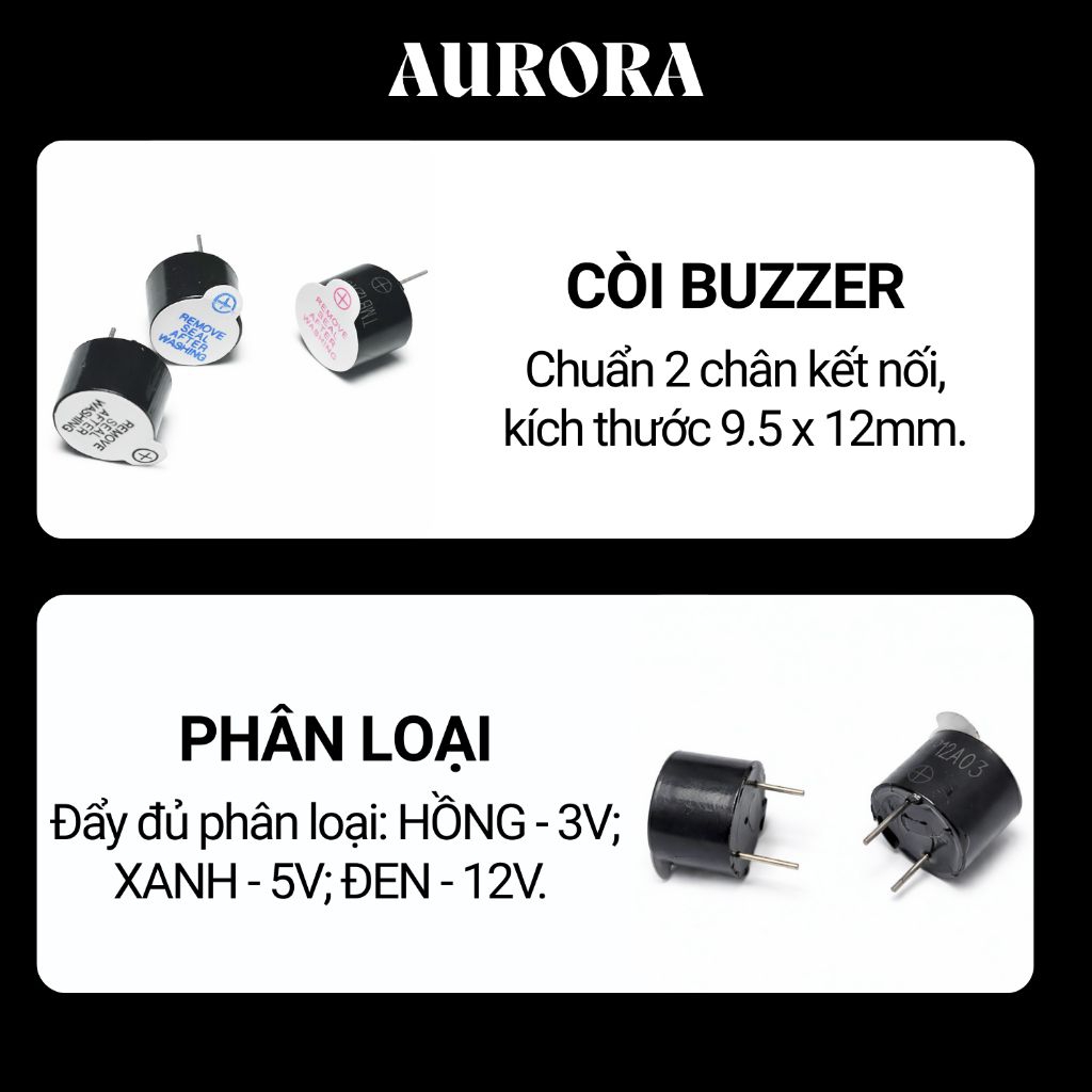 Còi Buzzer 3V/5V/12V 12x9.5mm -  Còi Chip, Còi Báo Mạch Điện Tử