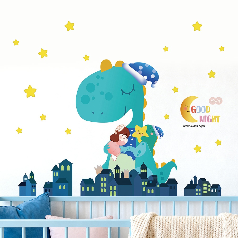 Decal Dán Tường Khủng Long Dưới Bầu Trời Sao Có Keo Sẵn 115x95cm - Trang Trí Phòng Ngủ Cho Bé