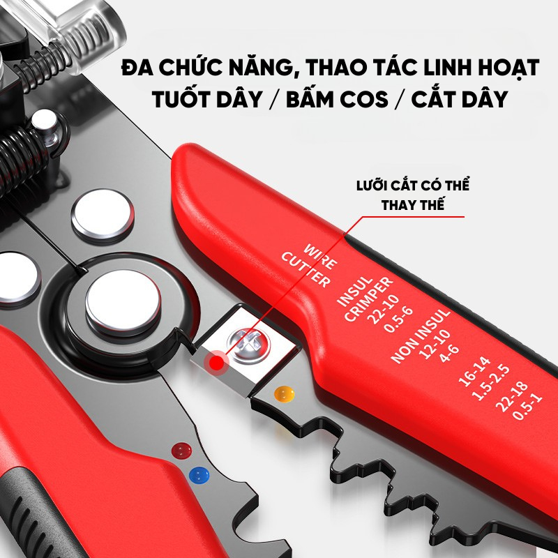 Kìm Tuốt Dây Điện Tự Động RAYENR, Kìm Bấm Cos, Tuốt Dây Cáp Quang Thép Hợp Kim Cao Cấp KTD002