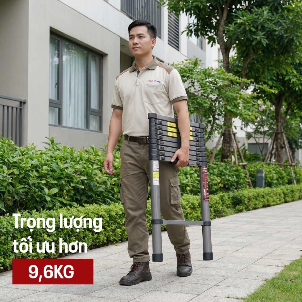 Thang rút đơn thép carbon 2.6M - 5.8M FUJIHOME, thang rút xếp gọn chữ I chịu lực cao đa năng an toàn telescopic ladder