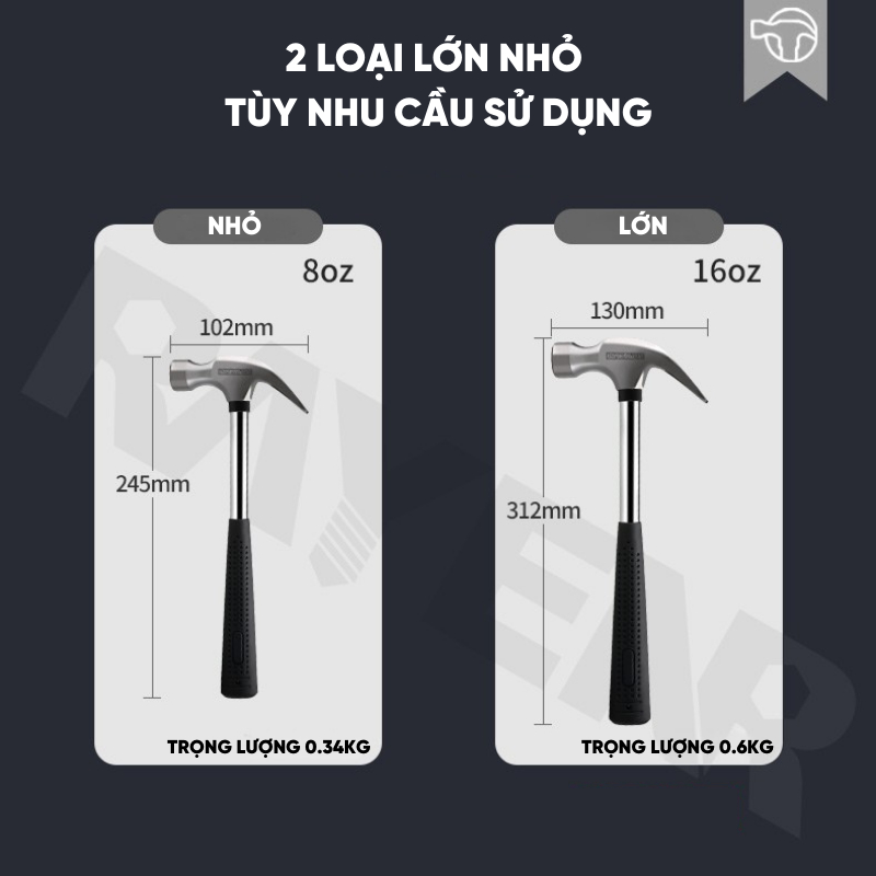Búa Móng Vuốt Cỡ Nhỏ RAYENR, Búa Đóng Đinh, Búa Nhổ Đinh Tay Cầm Ống Thép Bọc Cao Su BUA001