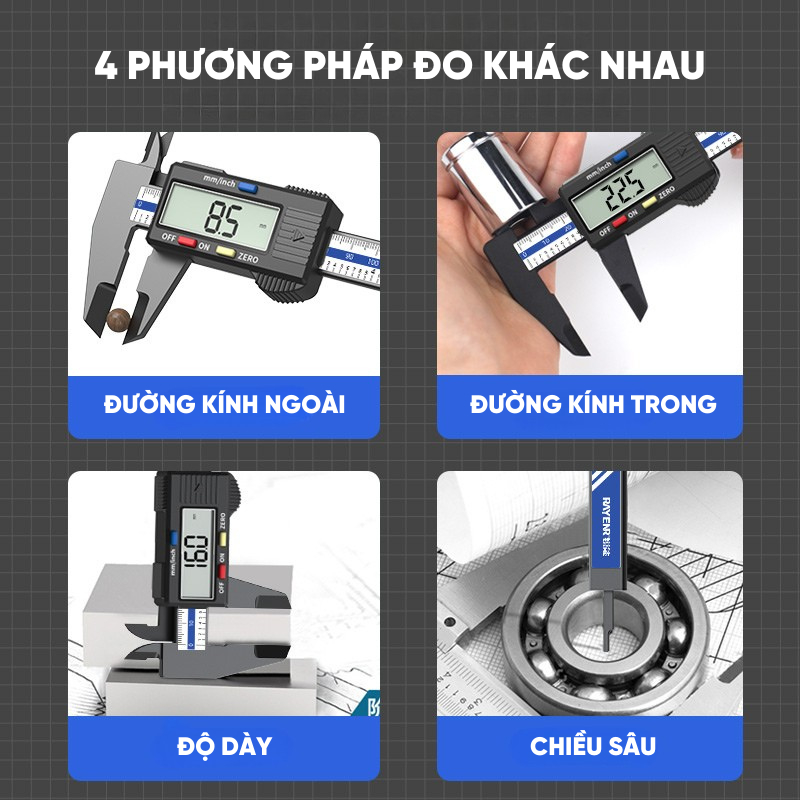 Thước Kẹp Điện Tử RAYENR Phạm Vi Đo 150mm, Thước Cặp Điện Tử Màn Hình LCD Độ Chính Xác Cao TKDT001