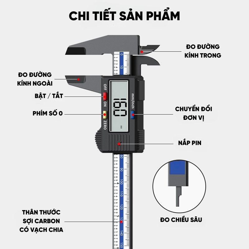 Thước Kẹp Điện Tử RAYENR Phạm Vi Đo 150mm, Thước Cặp Điện Tử Màn Hình LCD Độ Chính Xác Cao TKDT001