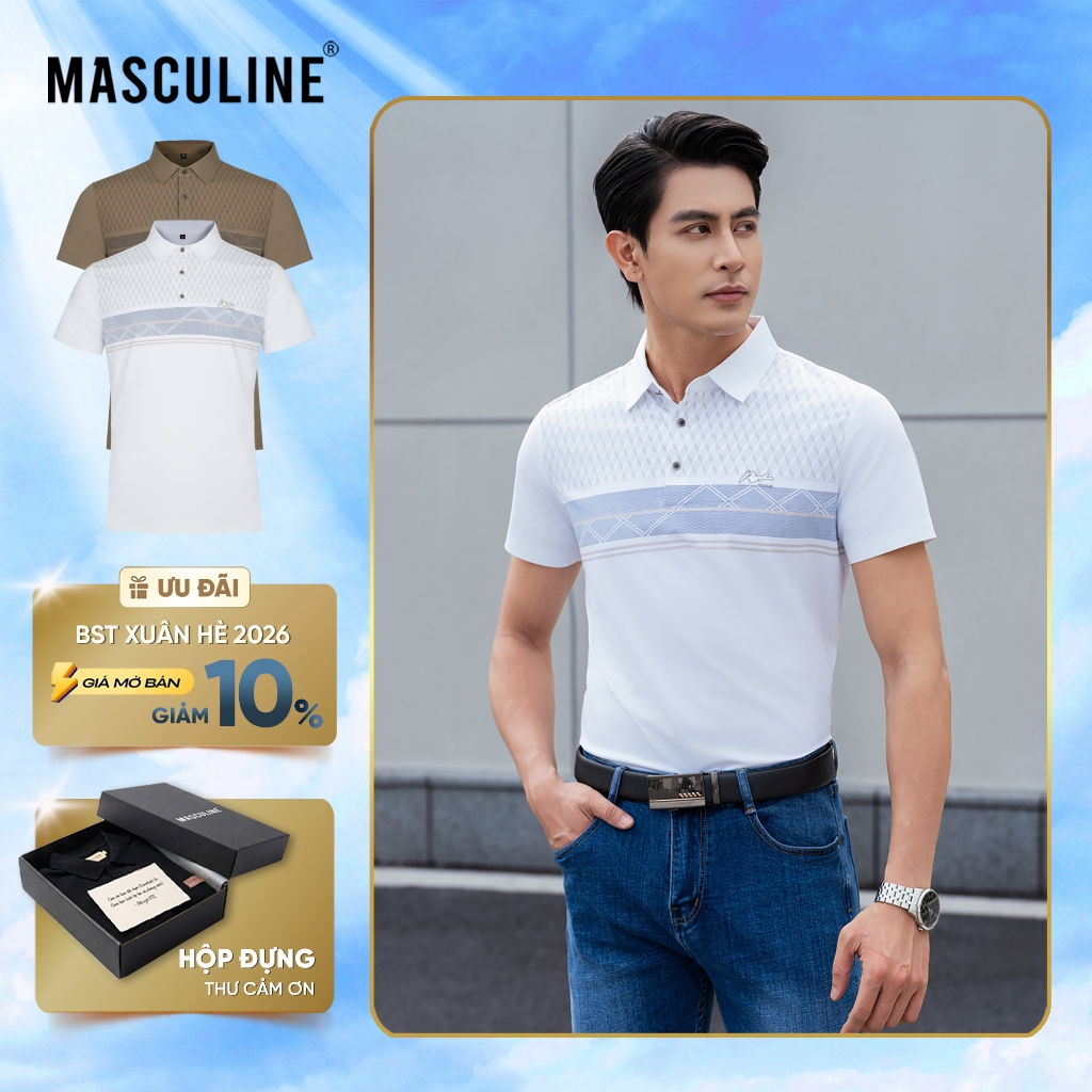 Áo polo nam cao cấp MASCULINE MPL500 Họa tiết kẻ ngang dáng Regular fit, Thấm hút mồ hôi tốt