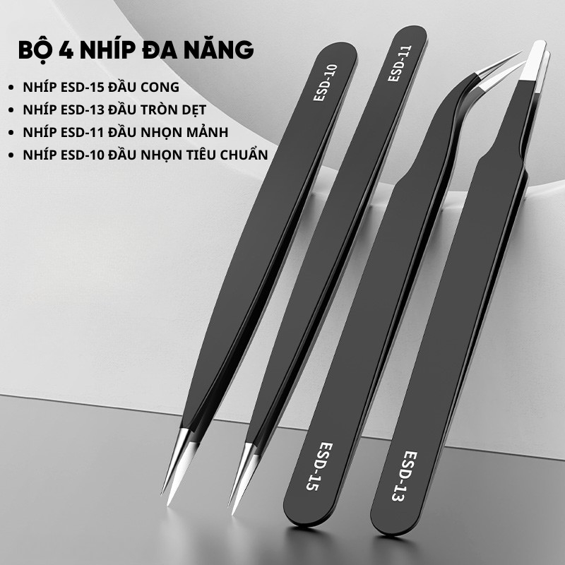 Bộ Nhíp Gắp Linh Kiện Điện Tử RAYENR, Nhíp Kẹp Nhiều Đầu Chất Liệu Thép Không Gỉ Chống Tĩnh Điện NHIP001