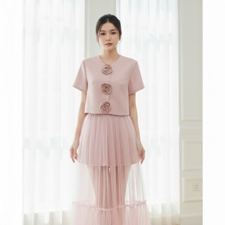 Set đồ nữ hồng pastel áo đính tag hoa + Chân váy lưới tầng, tiểu thư sang chảnh HB.Studio S90