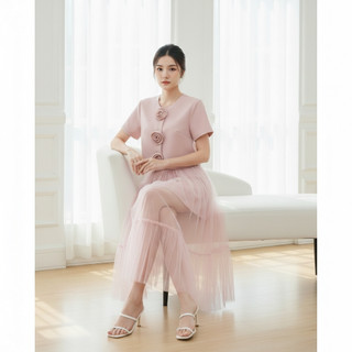 Set đồ nữ hồng pastel áo đính tag hoa + Chân váy lưới tầng, tiểu thư sang chảnh HB.Studio S90