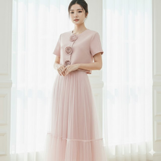 Set đồ nữ hồng pastel áo đính tag hoa + Chân váy lưới tầng, tiểu thư sang chảnh HB.Studio S90