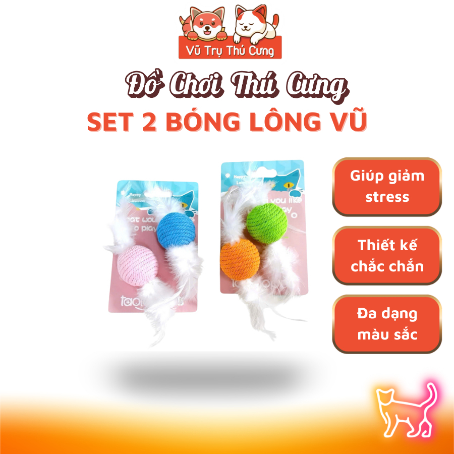 Đồ Chơi Cho Mèo Set 2 Bóng Thừng Tròn Kèm Lông Vũ Giúp Mèo Vận Động, Giải Trí Phát Triển Toàn Diện