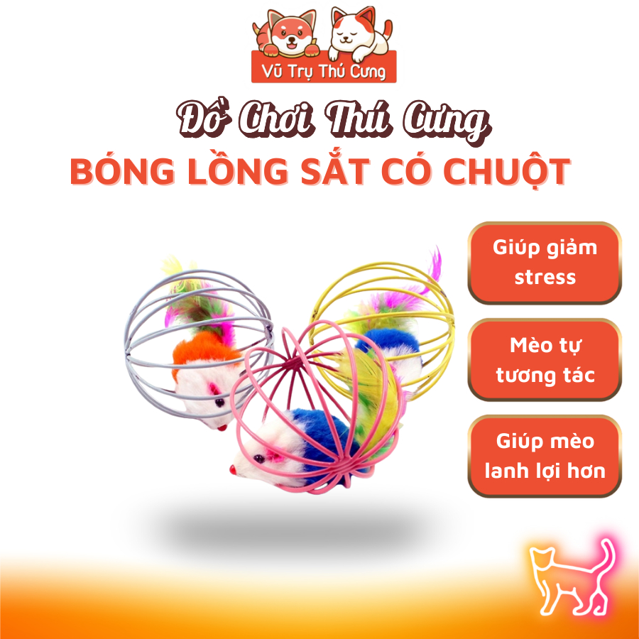 Đồ chơi cho chó mèo, bóng lồng sắt có chuột lông vũ