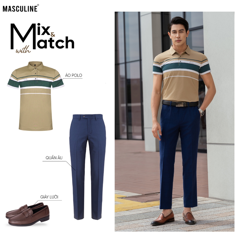 Áo polo nam cao cấp MASCULINE MPL502 Họa tiết kẻ ngang dáng Regular fit, chất liệu sợi tơ tằm