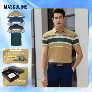 Áo polo nam cao cấp MASCULINE MPL502 Họa tiết kẻ ngang dáng Regular fit, chất liệu sợi tơ tằm