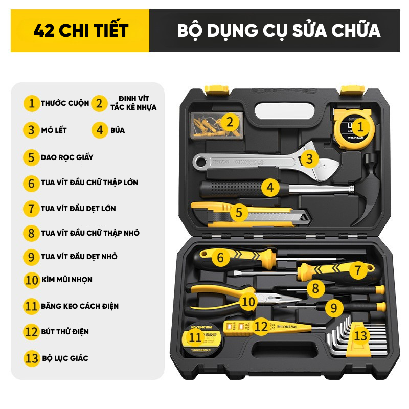 Bộ Dụng Cụ Sửa Chữa Gia Đình RAYENR, Hộp Dụng Cụ Sửa Chữa Đa Năng 42 Món, Sửa Chữa Đồ Điện, Đồ Gia Đình BDC001