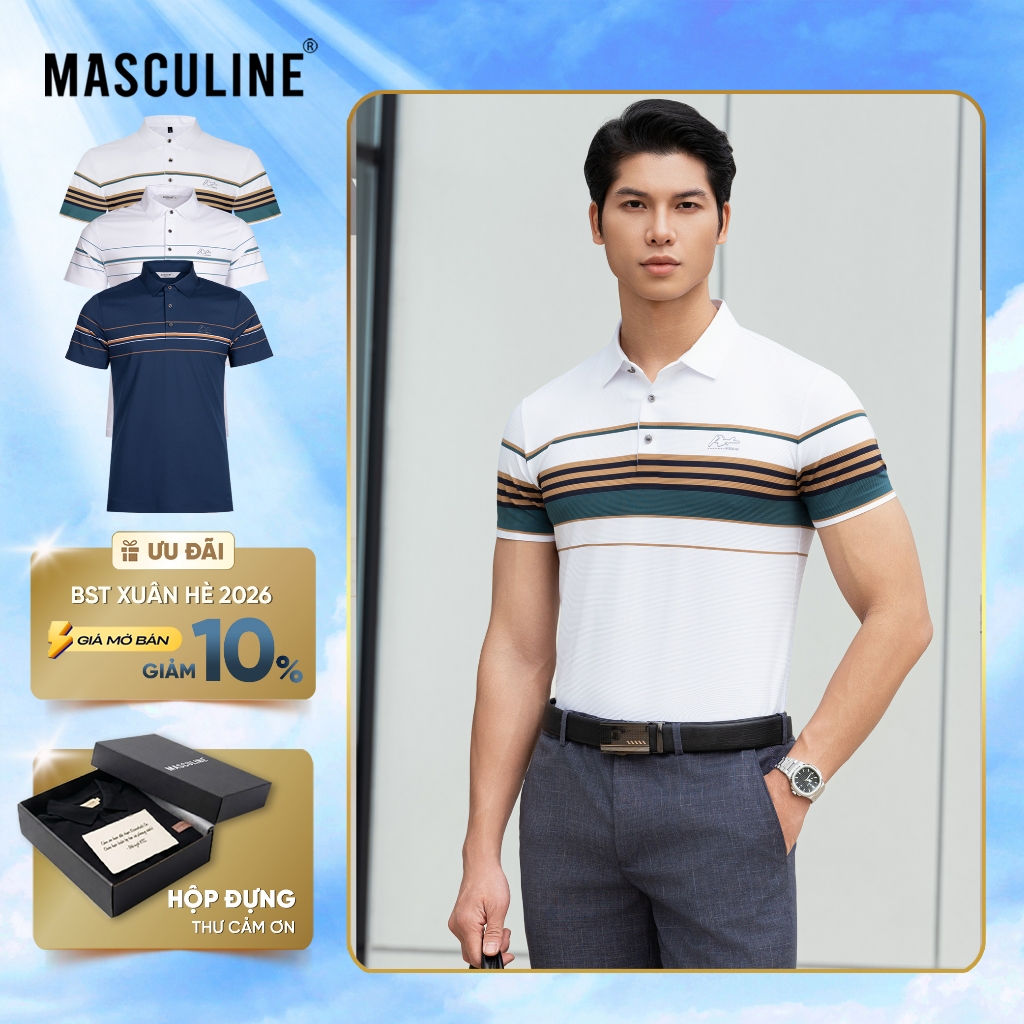Áo polo nam cao cấp MASCULINE MPL505 Họa tiết kẻ thời thượng form dáng regular fit tôn dáng