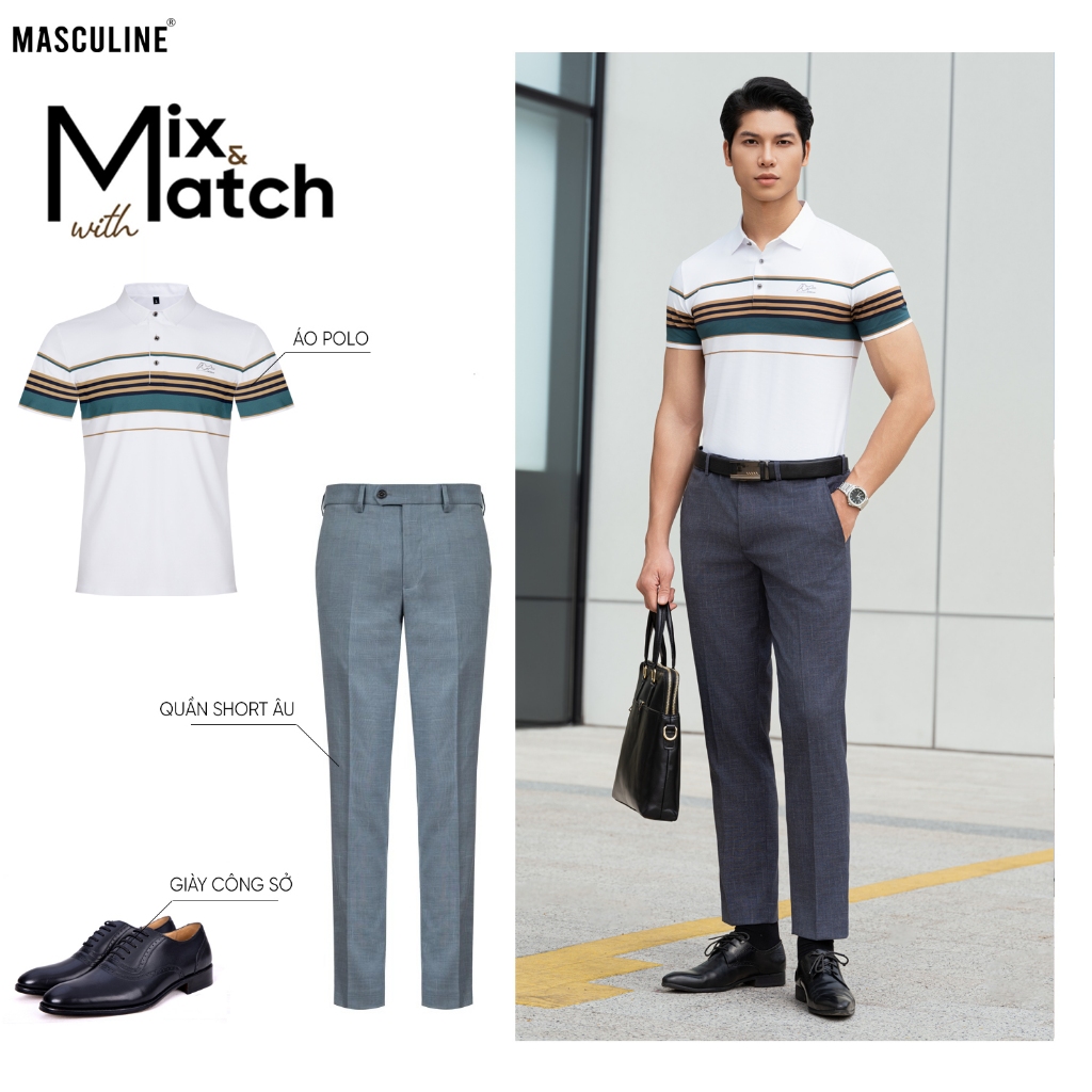 Áo polo nam cao cấp MASCULINE MPL505 Họa tiết kẻ thời thượng form dáng regular fit tôn dáng