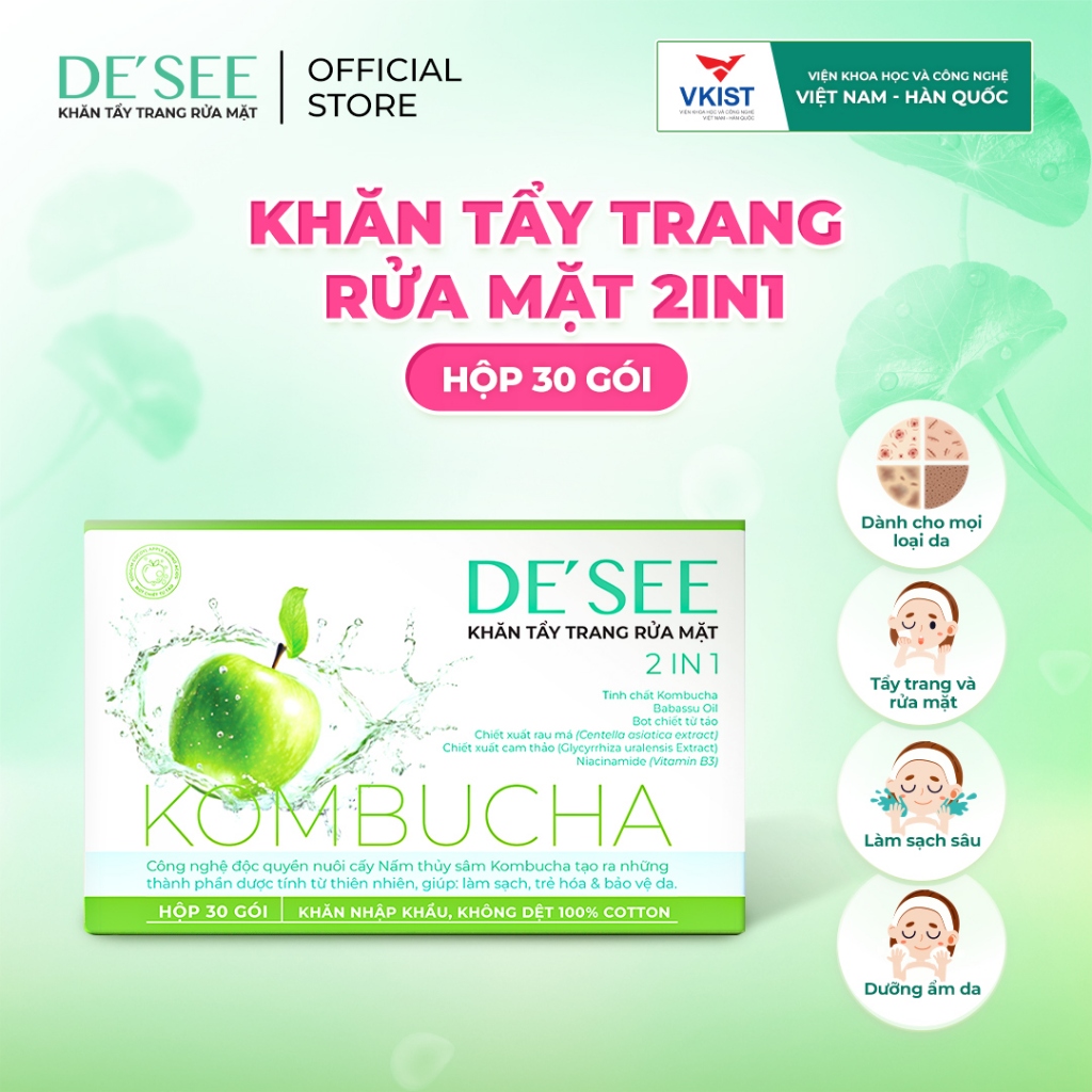 Khăn tẩy trang rửa mặt 2 IN 1 Dr.Papie chiết xuất Kombucha dành cho phụ nữ mang thai và phụ nữ đang cho con bú (30c/hộp)