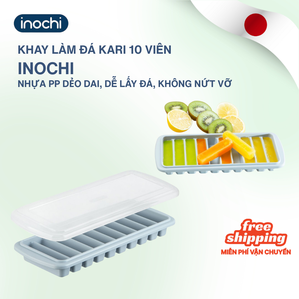 Khay đá Kari Inochi vỉ 10 thanh có nắp đậy, nhựa nguyên sinh chất lượng Nhật Bản cao cấp, không mùi, an toàn sức khỏe