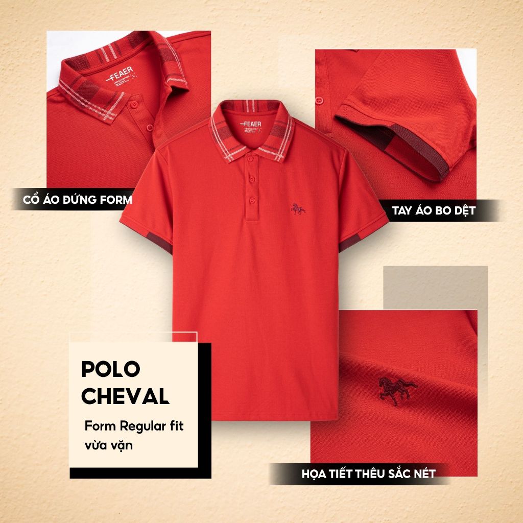 Áo polo CHEVAL vải Cotton Premium mịn mát đứng form, họa tiết ngựa thêu sắc nét, cổ phối tinh tế, đỏ nổi bật - FEAER