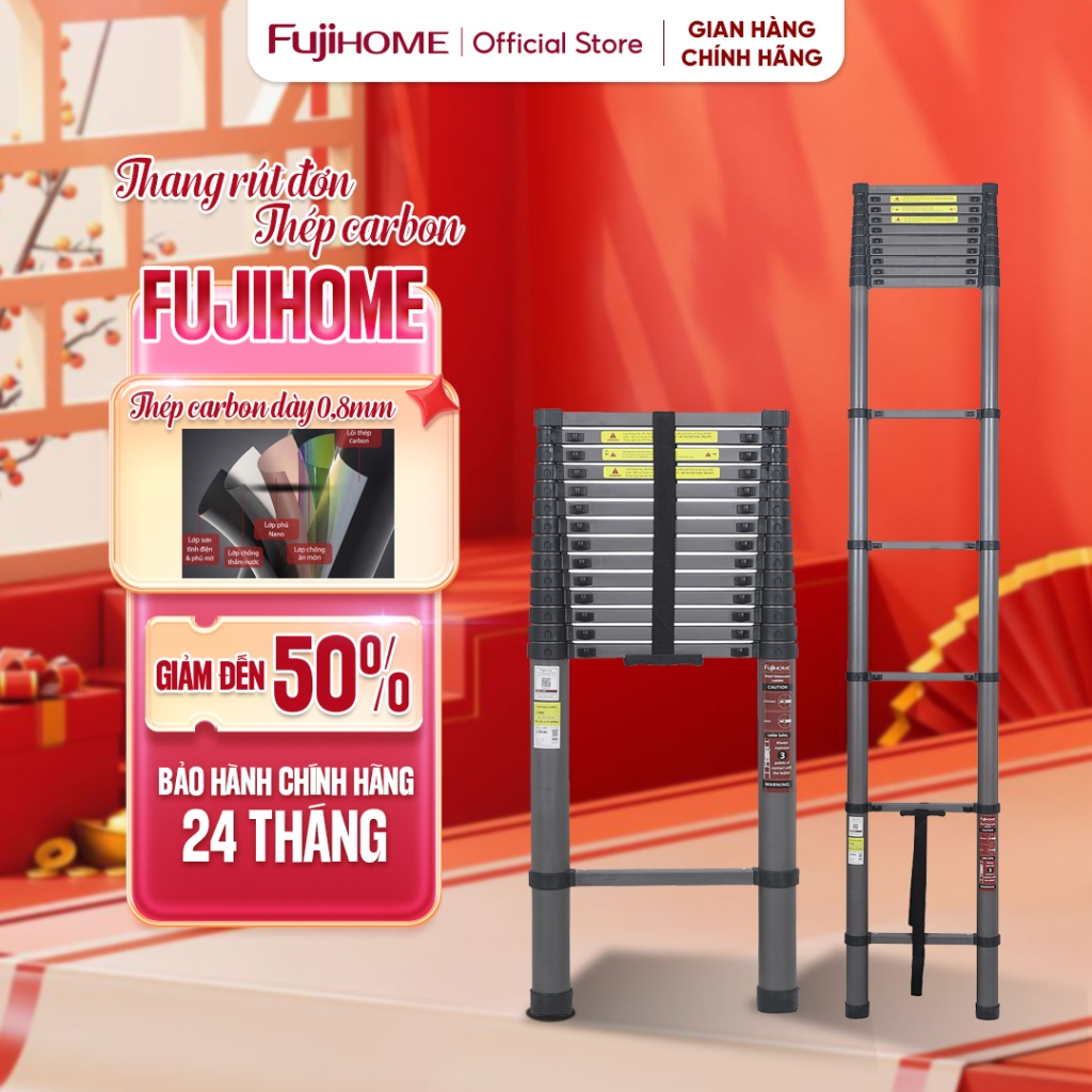 Thang rút đơn thép carbon 2.6M - 5.8M FUJIHOME, thang rút xếp gọn chữ I chịu lực cao đa năng an toàn telescopic ladder