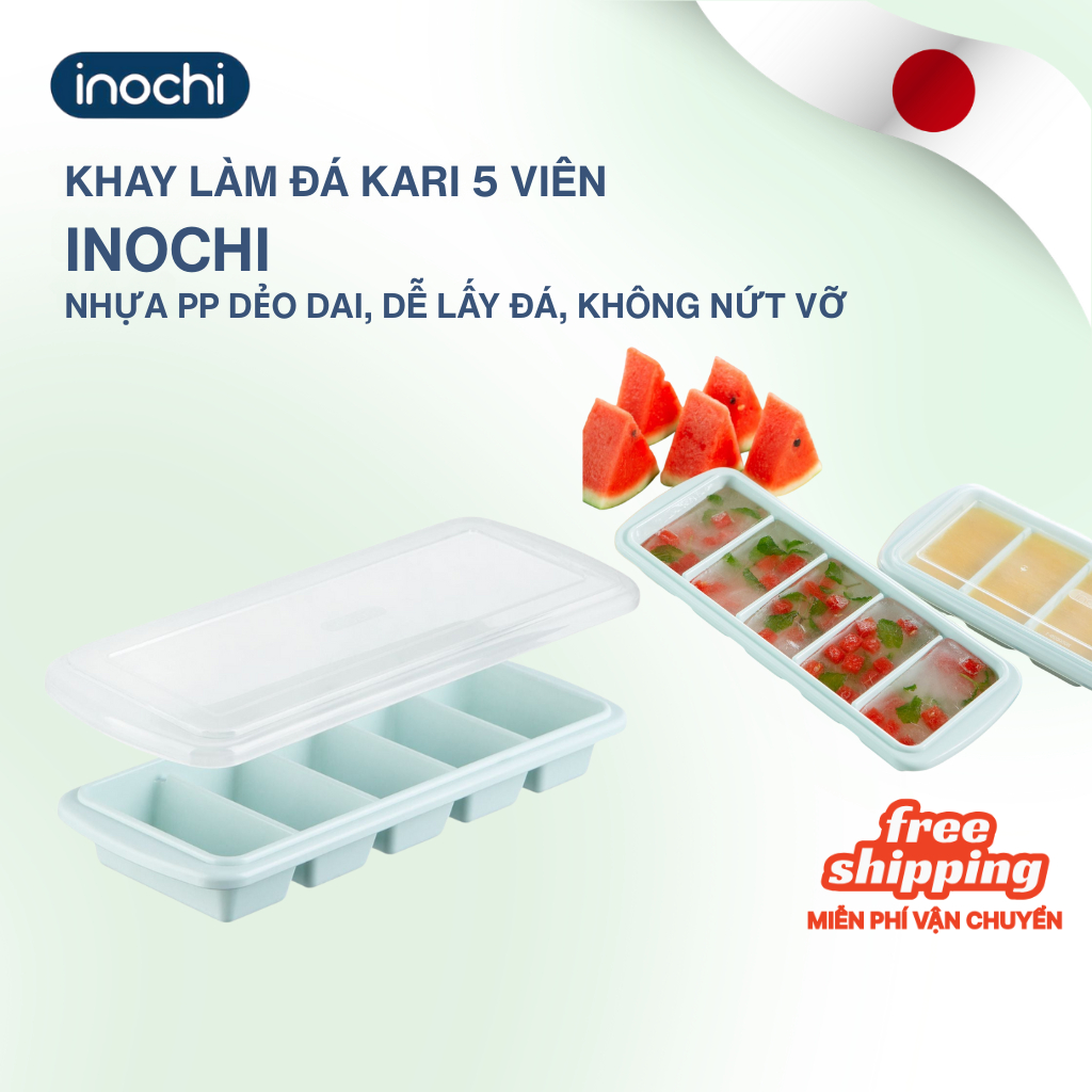 Khay đá 5 viên Kari Inochi có nắp đậy kèm hộp/ko hộp làm đá, làm thạch kháng khuẩn dành cho tủ lạnh