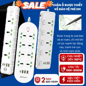 Ổ Cắm Điện Đa Năng Thông Minh,Chịu Tải 3000W,Chống Cháy Nổ,Chống Giật,Quá Tải Tự Ngắt,Dây 2m,Kèm Cổng Sạc USB TypeC