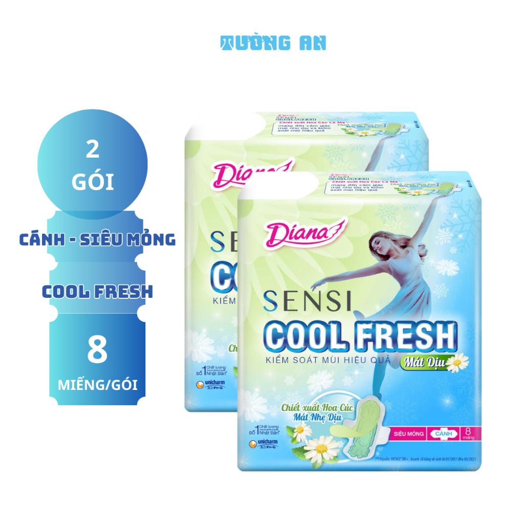 Combo 2 Gói Băng Vệ Sinh Diana Sensi Cool Fresh Mát Diệu Siêu Mỏng Có Cánh x8 Miếng