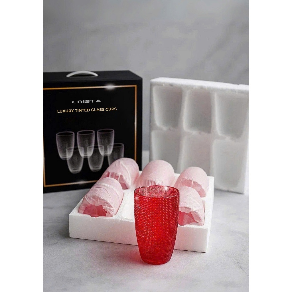 Bộ 6 Cốc Thủy Tinh Vân Lưới Dập Nổi Crista 420ml – Màu đỏ Ruby – Hàng Cao Cấp