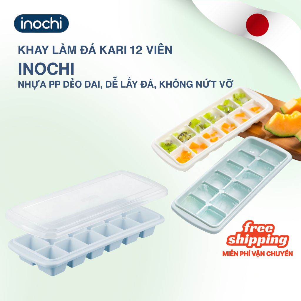 Khay làm đá vuông 12 viên Kari inochi nhựa nguyên sinh kháng khuẩn, khử mùi, an toàn, dễ lấy đá