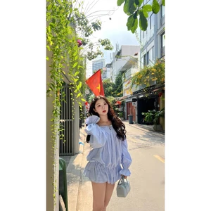 Đầm Nữ PANACE DRESS Trễ Vai Kẻ Sọc Form Bí Xòe Kèm Quần Bảo Hộ SECODEE