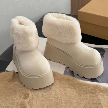 Boot Cổ Lông Nữ Đế Cao , Boot Độn Đế Phong Cách Hàn Quốc, Giày Boot Nữ Mùa Đông Giữ Ấm, Khóa Kéo Tiện Lợi