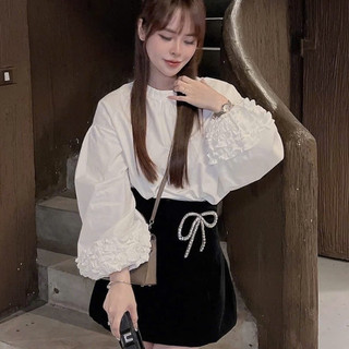 Áo Sơ Mi Trắng Cổ Tròn Tay Bèo Oversize Thời Trang Bèo Nữ Tính