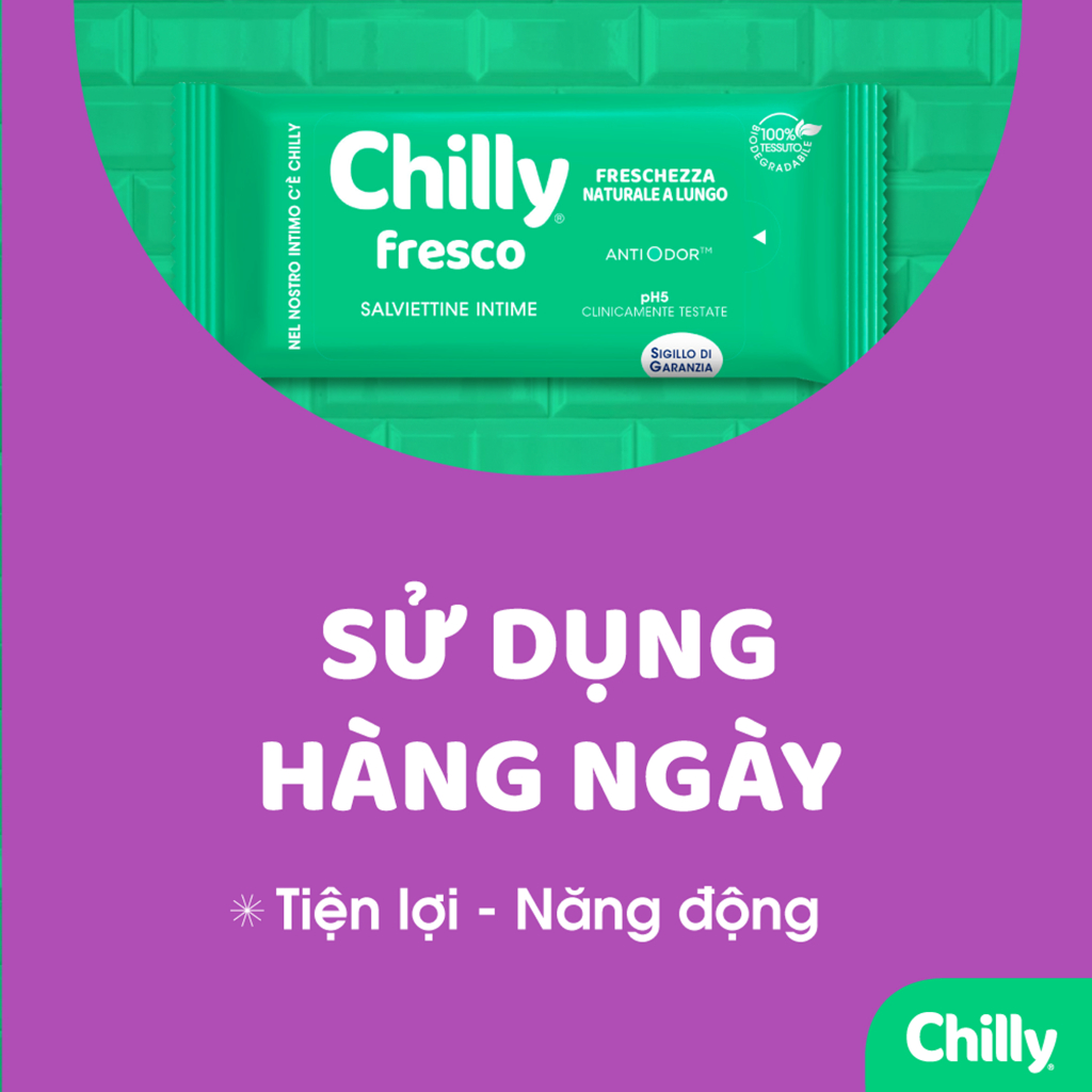 (SẠCH MÁT MỌI NƠI) Khăn lau phụ khoa Chilly Fresco gói 12 tờ sạch thoáng mát mọi lúc, mọi nơi