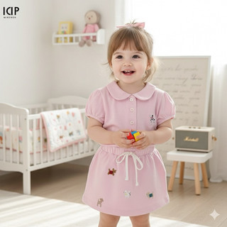 Bộ Váy in Cún sát nách kèm chân váy(có lót) cho bé gái (10-35kg) chất poly mềm phù hợp cho bé đi học, đi chơi