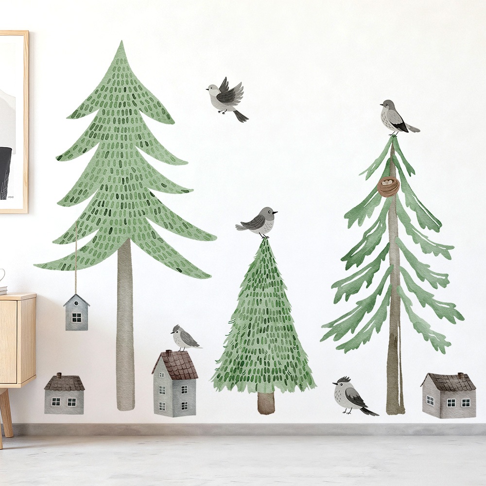 Decal Dán Tường Rừng Thông Và Chim Nhỏ Có Keo Sẵn 145x125cm - Trang Trí Phòng Phong Cách Bắc Âu