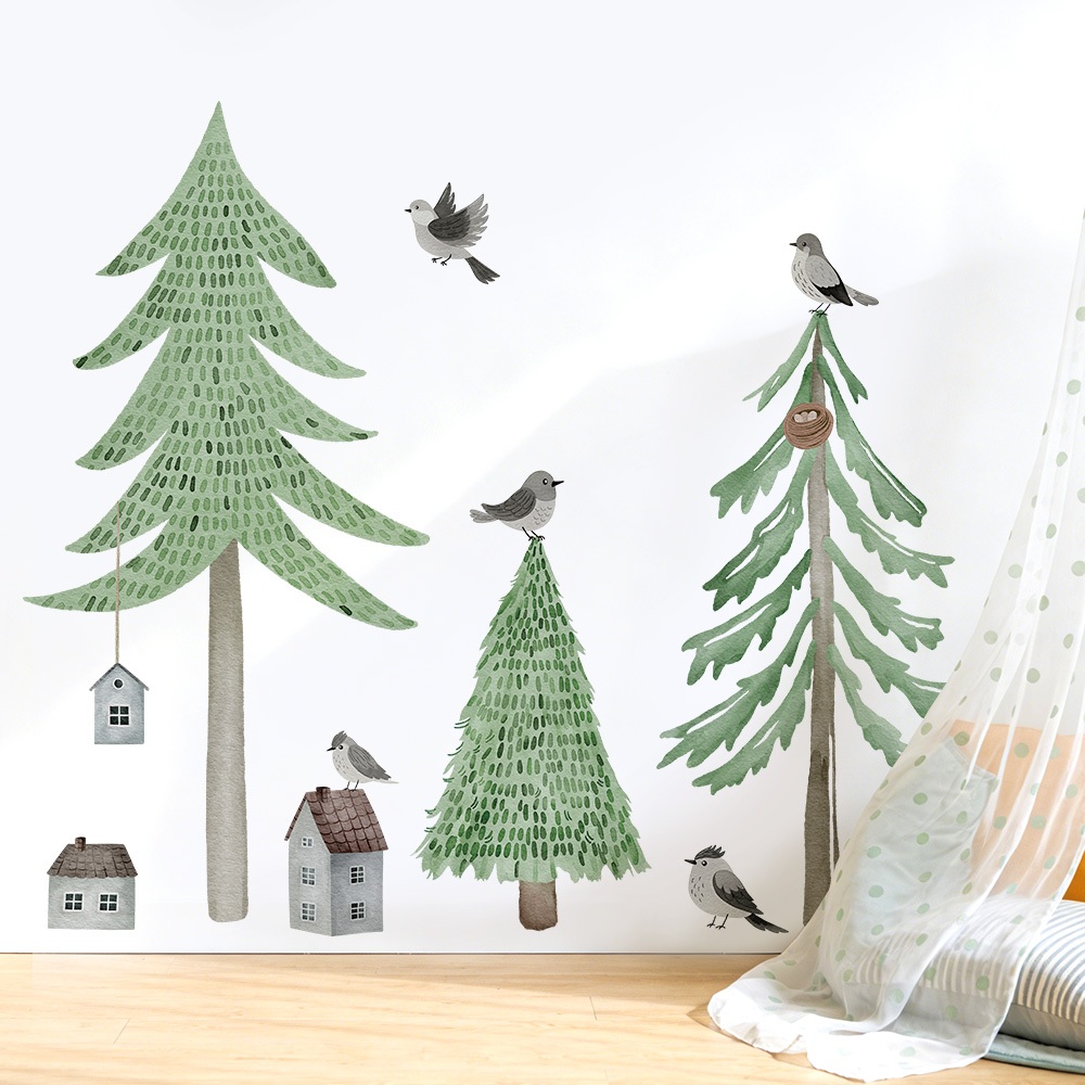 Decal Dán Tường Rừng Thông Và Chim Nhỏ Có Keo Sẵn 145x125cm - Trang Trí Phòng Phong Cách Bắc Âu