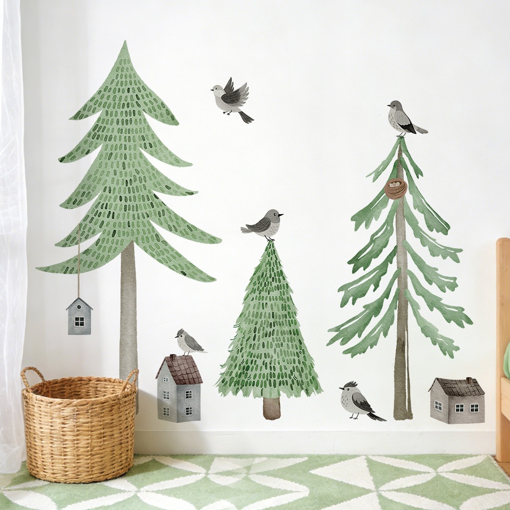Decal Dán Tường Rừng Thông Và Chim Nhỏ Có Keo Sẵn 145x125cm - Trang Trí Phòng Phong Cách Bắc Âu