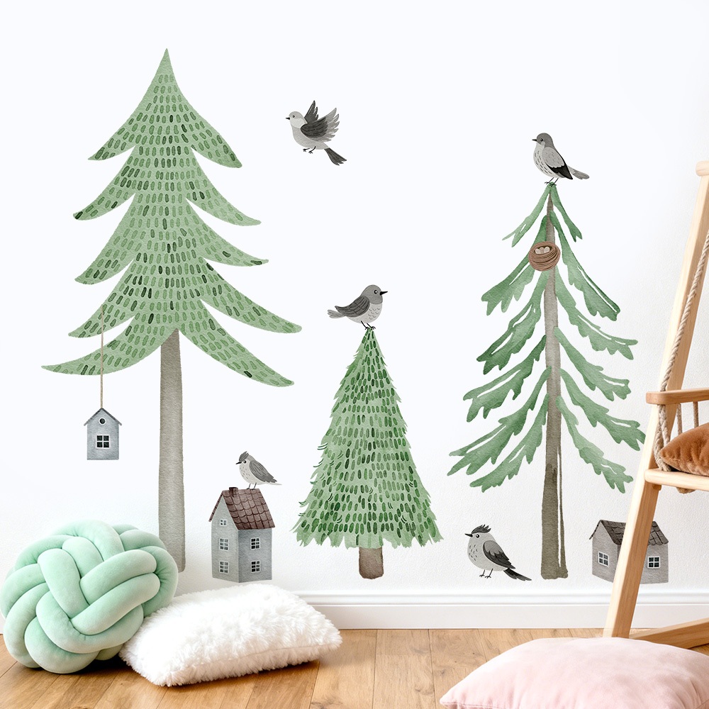 Decal Dán Tường Rừng Thông Và Chim Nhỏ Có Keo Sẵn 145x125cm - Trang Trí Phòng Phong Cách Bắc Âu