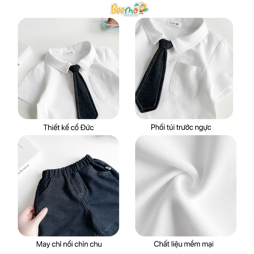 [Chính hãng Beemo] Bộ polo cộc tay phối quần giả bò basic bé trai, set bộ polo cộc tay mềm thoải mái bé trai